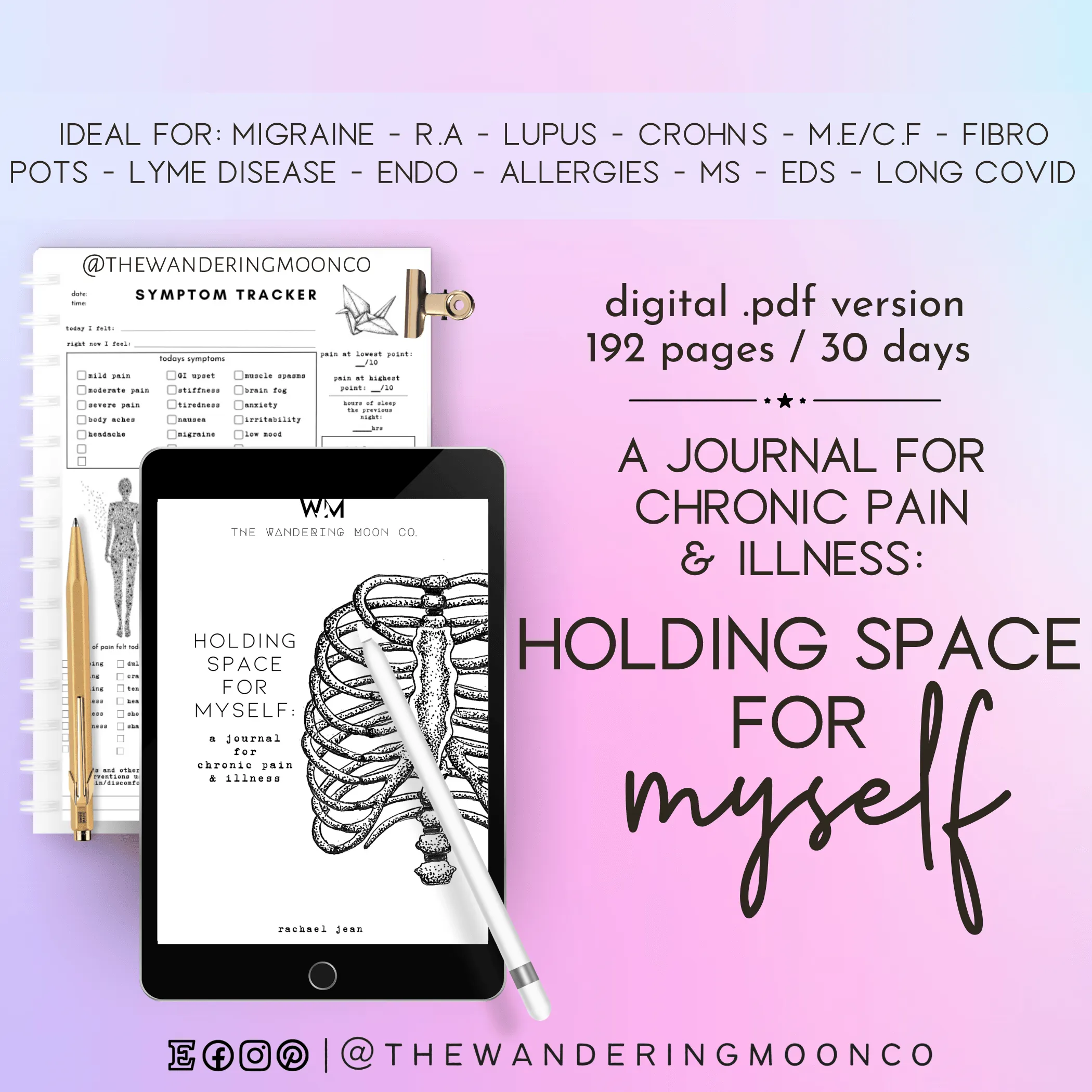 symptom tracker PDF: digital, printable medical journal | chronic pain   illness | spoonie, pots awareness, fibro, endo, disability pride