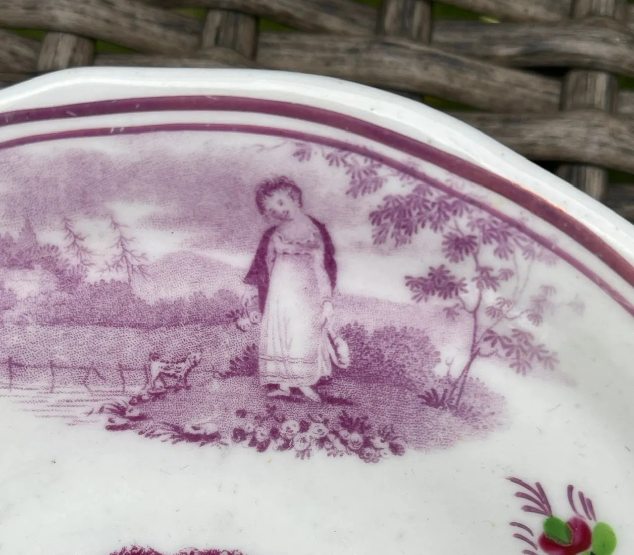 The Cottage Girl Antique Purple Magenta Lustre Transferware Handleless Cup Tea Bowl Cup English Staffordshire