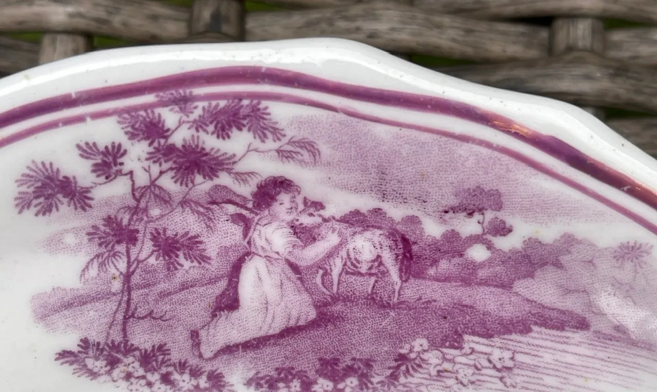 The Cottage Girl Antique Purple Magenta Lustre Transferware Handleless Cup Tea Bowl Cup English Staffordshire