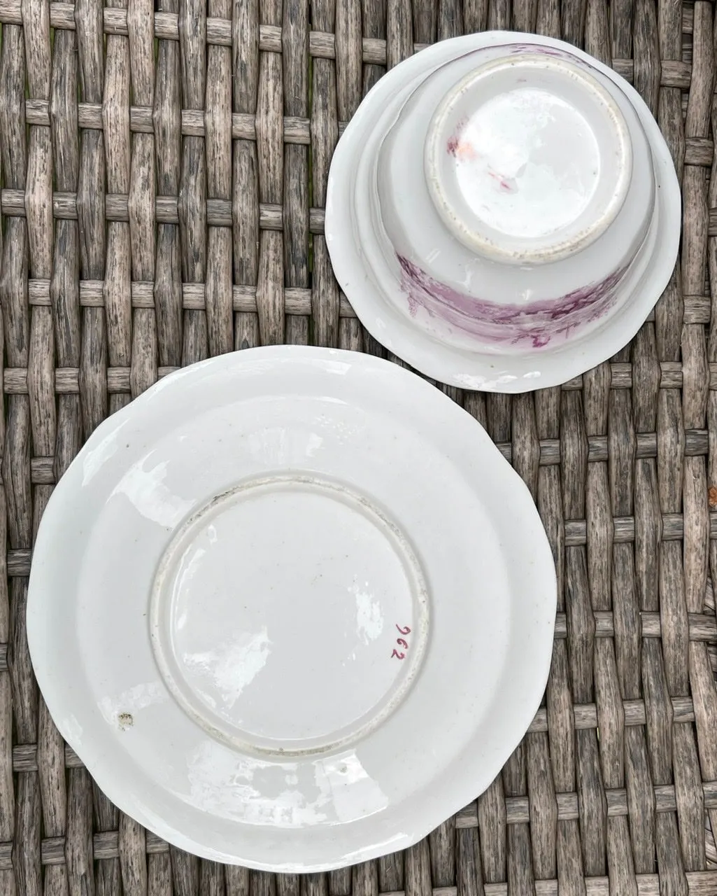The Cottage Girl Antique Purple Magenta Lustre Transferware Handleless Cup Tea Bowl Cup English Staffordshire