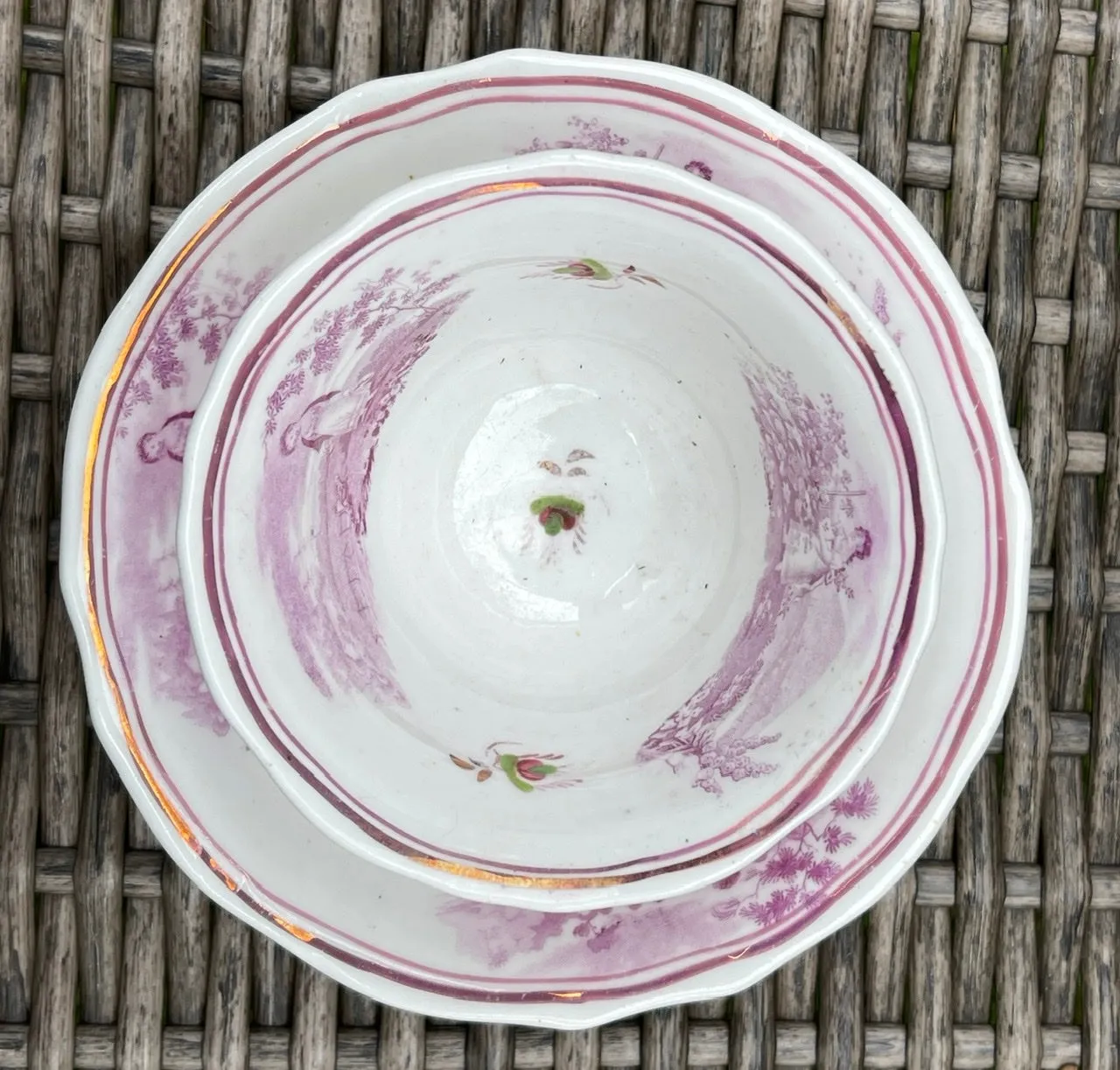 The Cottage Girl Antique Purple Magenta Lustre Transferware Handleless Cup Tea Bowl Cup English Staffordshire