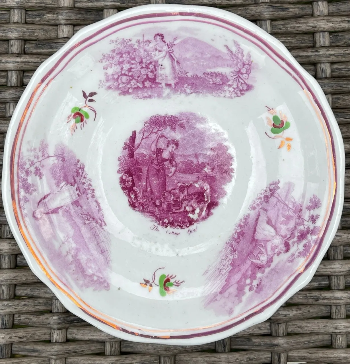 The Cottage Girl Antique Purple Magenta Lustre Transferware Handleless Cup Tea Bowl Cup English Staffordshire