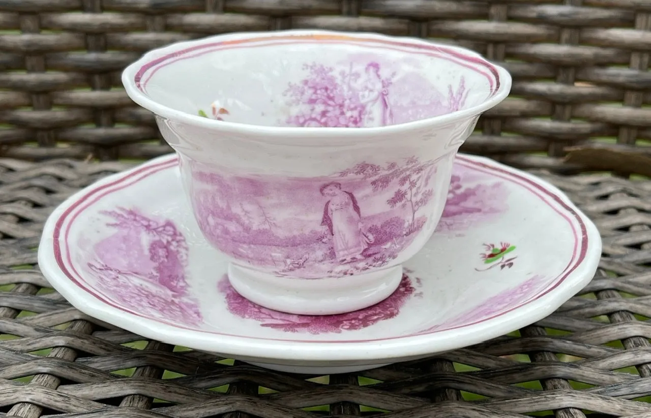 The Cottage Girl Antique Purple Magenta Lustre Transferware Handleless Cup Tea Bowl Cup English Staffordshire