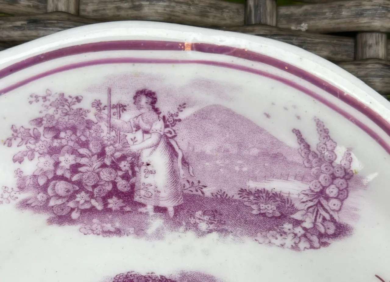 The Cottage Girl Antique Purple Magenta Lustre Transferware Handleless Cup Tea Bowl Cup English Staffordshire
