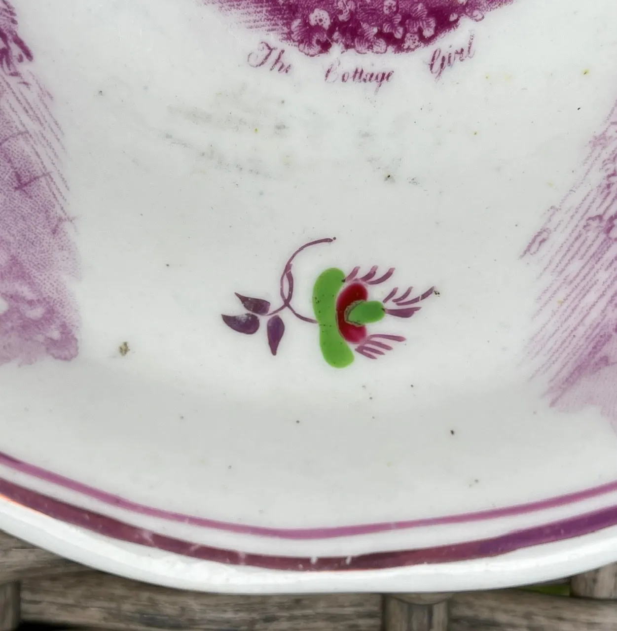 The Cottage Girl Antique Purple Magenta Lustre Transferware Handleless Cup Tea Bowl Cup English Staffordshire