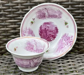 The Cottage Girl Antique Purple Magenta Lustre Transferware Handleless Cup Tea Bowl Cup English Staffordshire