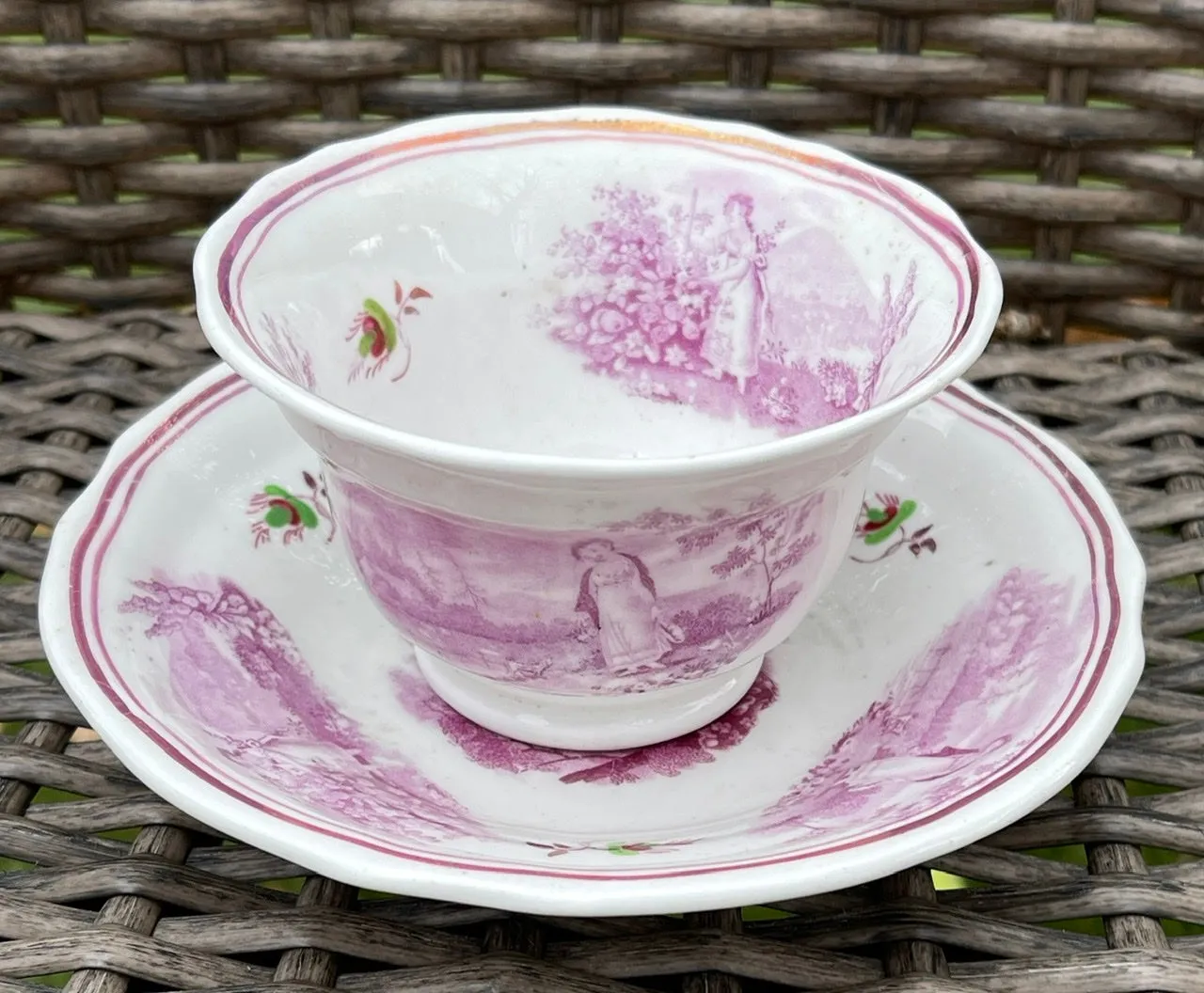 The Cottage Girl Antique Purple Magenta Lustre Transferware Handleless Cup Tea Bowl Cup English Staffordshire