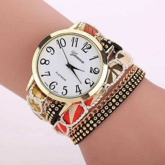 TOP Big Dial Flowers Band Wrap Large Strap Bracelet Geneva Style Watch Student Fashion Girl Wristwatches quartz montre Alloy