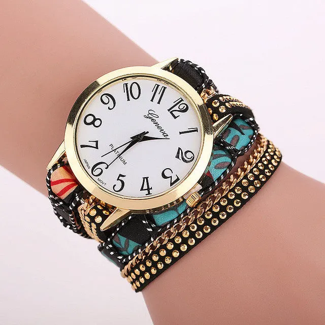 TOP Big Dial Flowers Band Wrap Large Strap Bracelet Geneva Style Watch Student Fashion Girl Wristwatches quartz montre Alloy