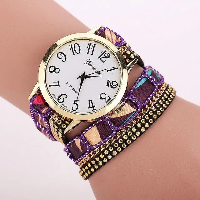 TOP Big Dial Flowers Band Wrap Large Strap Bracelet Geneva Style Watch Student Fashion Girl Wristwatches quartz montre Alloy