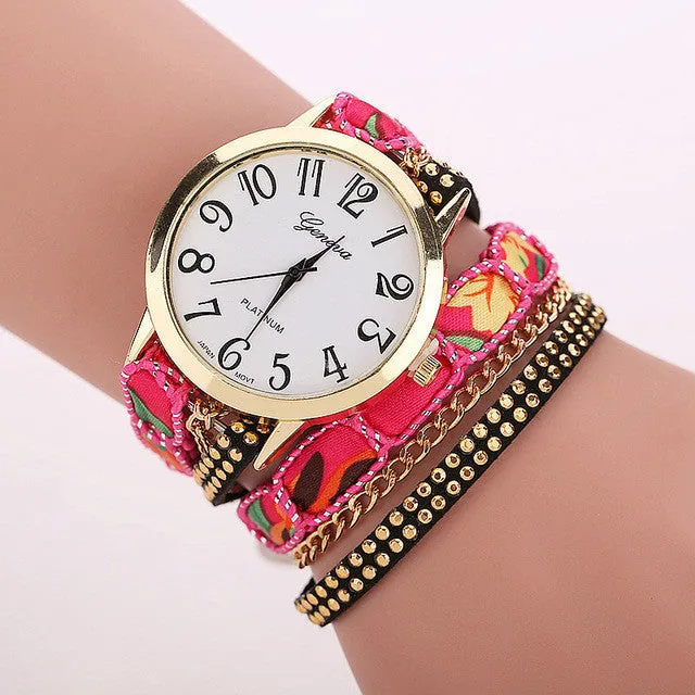 TOP Big Dial Flowers Band Wrap Large Strap Bracelet Geneva Style Watch Student Fashion Girl Wristwatches quartz montre Alloy