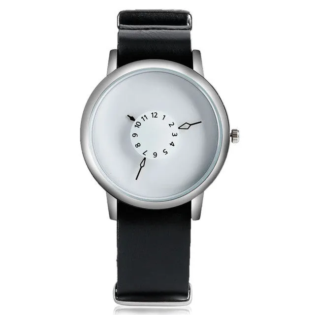 Unique Turntable PU Leather Strap Round Dial Quartz Wrist Watch Women Men Cool Brief Sport Band Casual Modern Simple Gift
